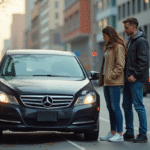 Homme et femme examinent un petit accident de voiture en ville