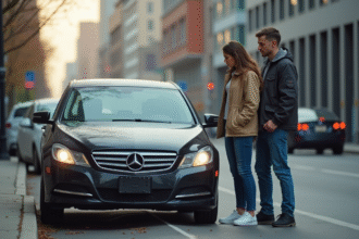 Homme et femme examinent un petit accident de voiture en ville