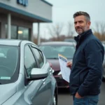 Homme examinant une voiture d'occasion à 5000 euros dans un parking de concessionnaire avec une liste d'inspection