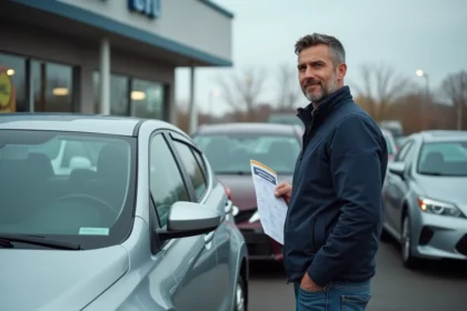 Homme examinant une voiture d'occasion à 5000 euros dans un parking de concessionnaire avec une liste d'inspection