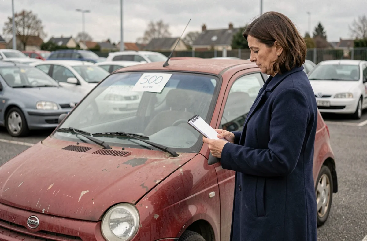 Femme évaluant une voiture sans permis d'occasion rouge à 500 euros dans un lot de vente automobile