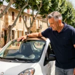Homme examinant une voiture sans permis d'occasion dans une rue ensoleillée de Provence