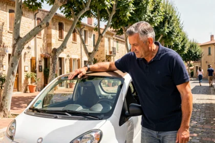 Homme examinant une voiture sans permis d'occasion dans une rue ensoleillée de Provence