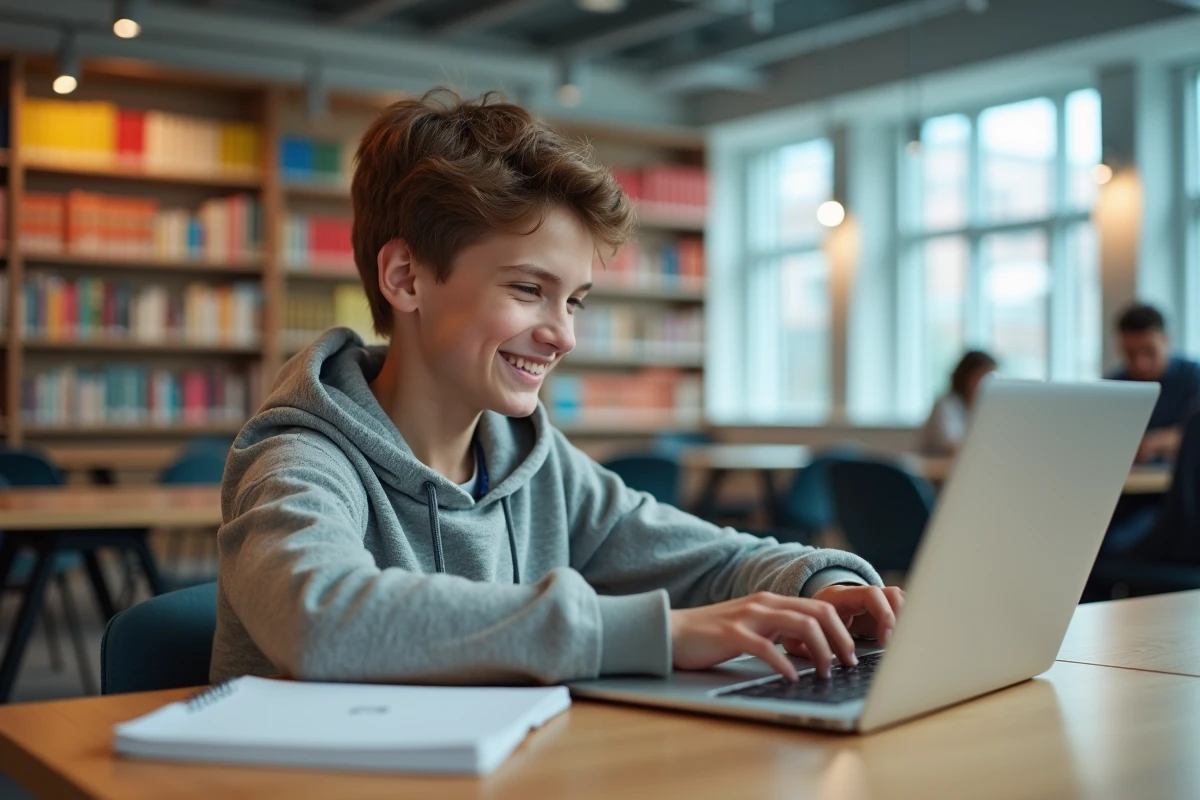 Adolescent souriant en quiz de conduite dans une bibliothèque