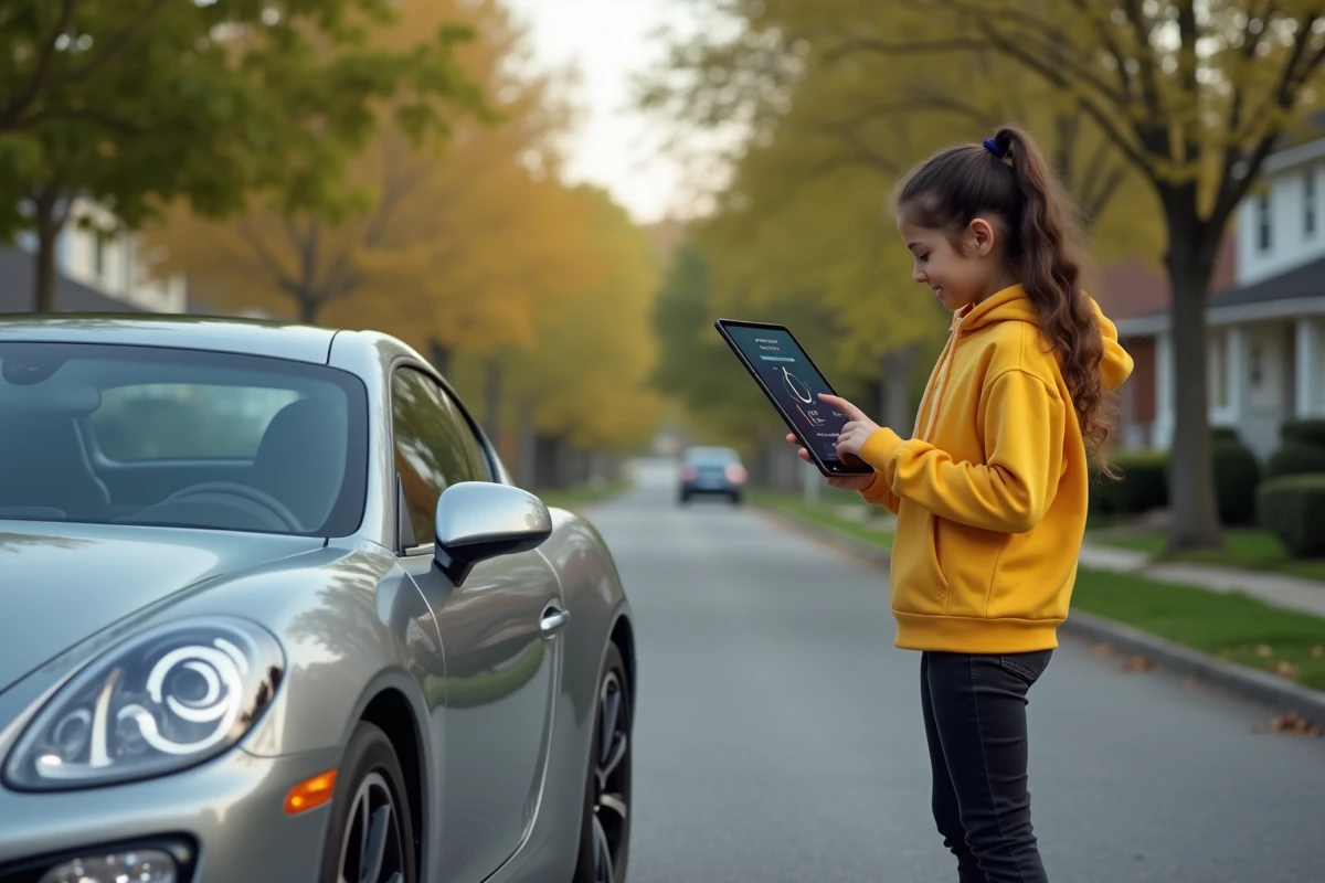 Adolescente pointant un graphique sur sa tablette devant une voiture