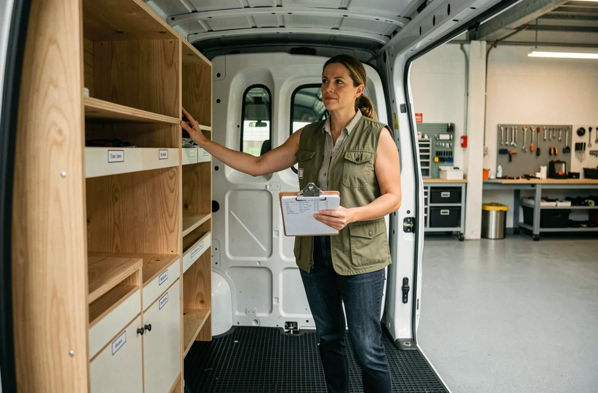 Femme inspectant des étagères modulaires installées dans l'espace cargo d'un Trafic L1H1 aménagé