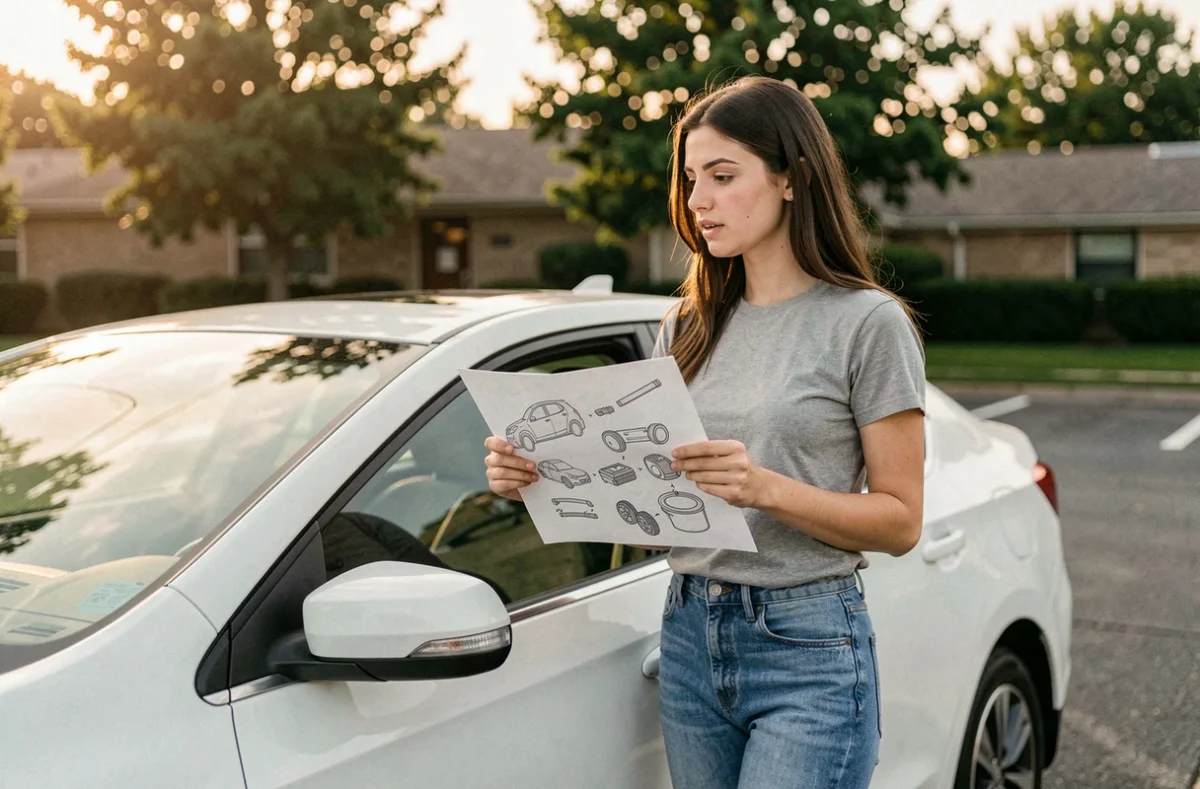 Jeune femme apprenant les parties d'une voiture avec un schéma illustré à côté d'une berline blanche