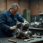Ouvrier assemblant un moteur de moto ural en atelier
