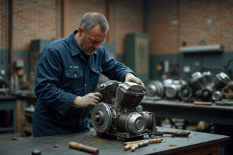 Ouvrier assemblant un moteur de moto ural en atelier