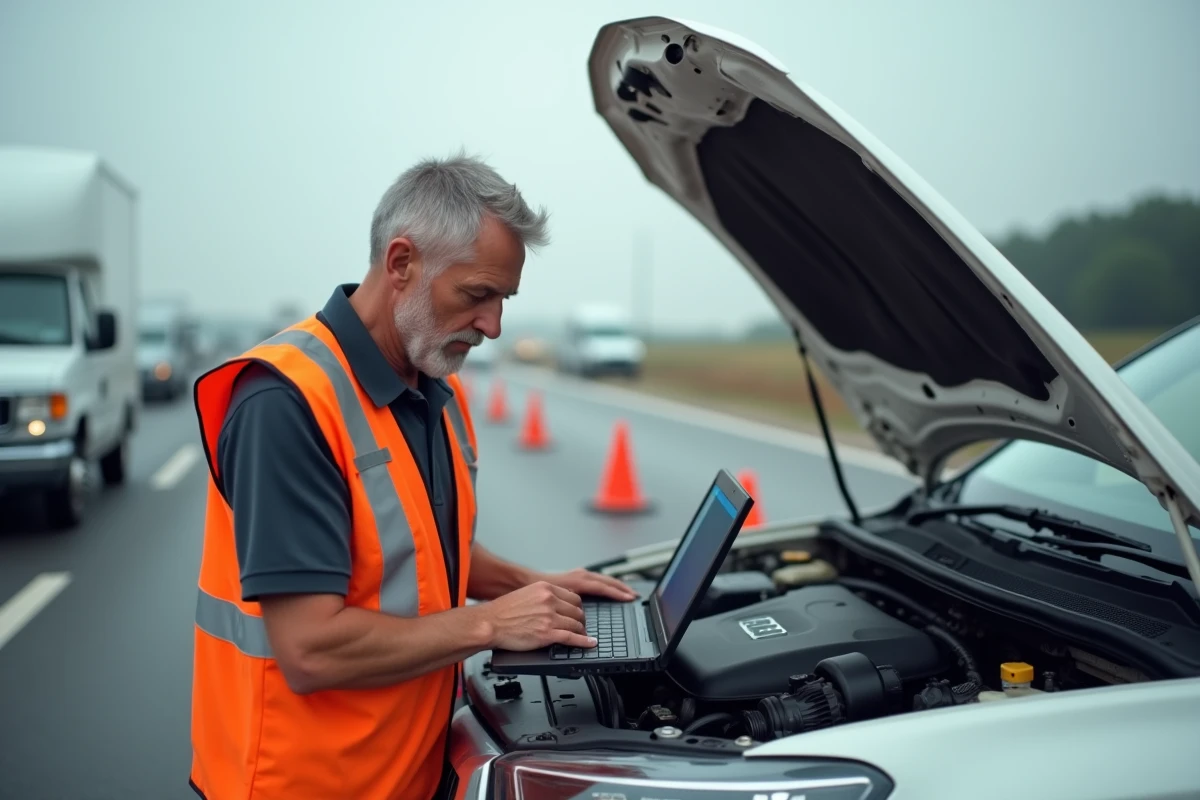 Technicien d'assistance routière branchant un outil de diagnostic OBD2 sur un SUV blanc en panne sur l'accotement d'autoroute