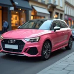 Audi A1 rose garée en ville, vue trois quarts avant, peinture métallisée rose bonbon brillante
