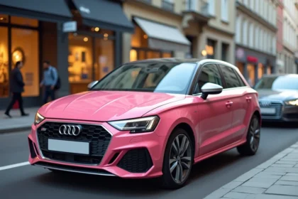 Audi A1 rose garée en ville, vue trois quarts avant, peinture métallisée rose bonbon brillante