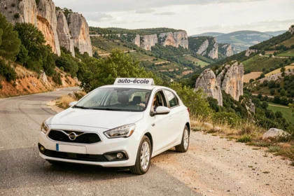 Élève conductrice au volant d'une voiture d'auto-école sur une route pittoresque de l'Ardèche