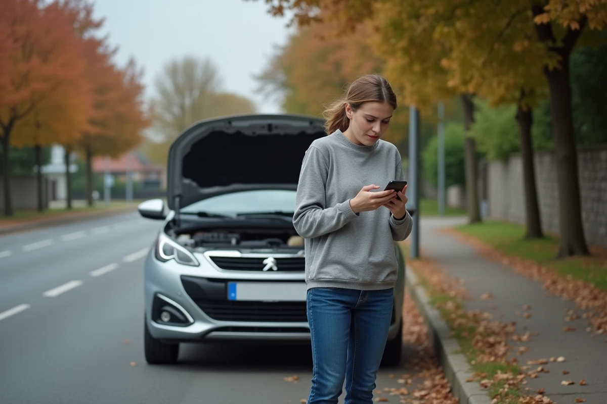 Automobiliste inspectant le moteur de sa Peugeot en panne sur le bord de la route après une perte de puissance soudaine