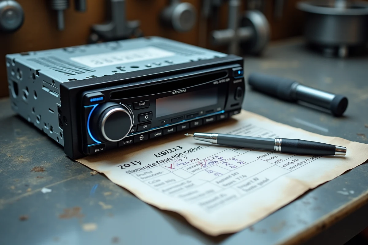 Autoradio démonté posé sur un établi de garage avec son numéro de série et un code imprimé sur papier