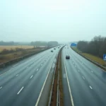 Vue aérienne d'une autoroute française gratuite près de Paris avec signalisation bleue et circulation fluide