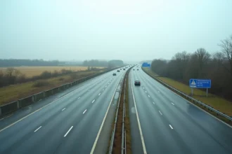Vue aérienne d'une autoroute française gratuite près de Paris avec signalisation bleue et circulation fluide