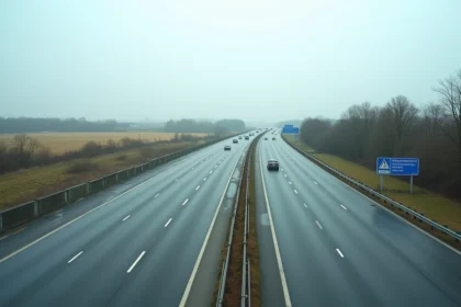 Vue aérienne d'une autoroute française gratuite près de Paris avec signalisation bleue et circulation fluide