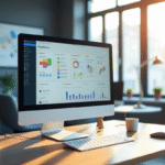 Bureau moderne avec écran affichant un tableau de bord en ligne