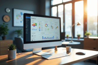 Bureau moderne avec écran affichant un tableau de bord en ligne