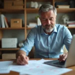 Homme consultant des documents de carte grise et un site administratif pour calculer le coût en chevaux fiscaux