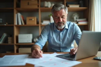Homme consultant des documents de carte grise et un site administratif pour calculer le coût en chevaux fiscaux