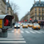 Caméra de feu rouge installée sur un poteau métallique à une intersection urbaine dense en France