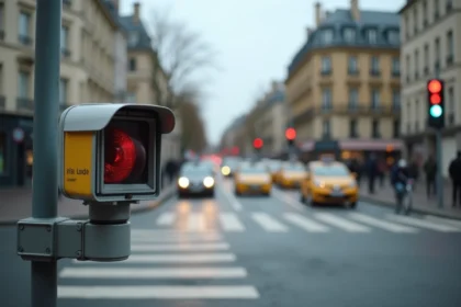 Caméra de feu rouge installée sur un poteau métallique à une intersection urbaine dense en France