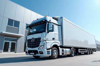 Camion neuf de 10 tonnes devant un entrepôt moderne