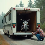 Camping-car poids lourd d'occasion avec garage moto ouvert à l'arrière, moto attachée à l'intérieur, homme inspectant le véhicule en forêt