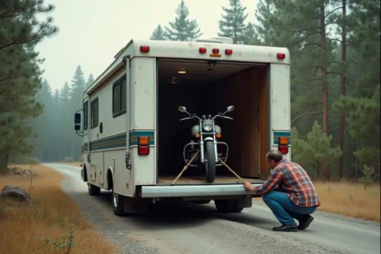 Camping-car poids lourd d'occasion avec garage moto ouvert à l'arrière, moto attachée à l'intérieur, homme inspectant le véhicule en forêt