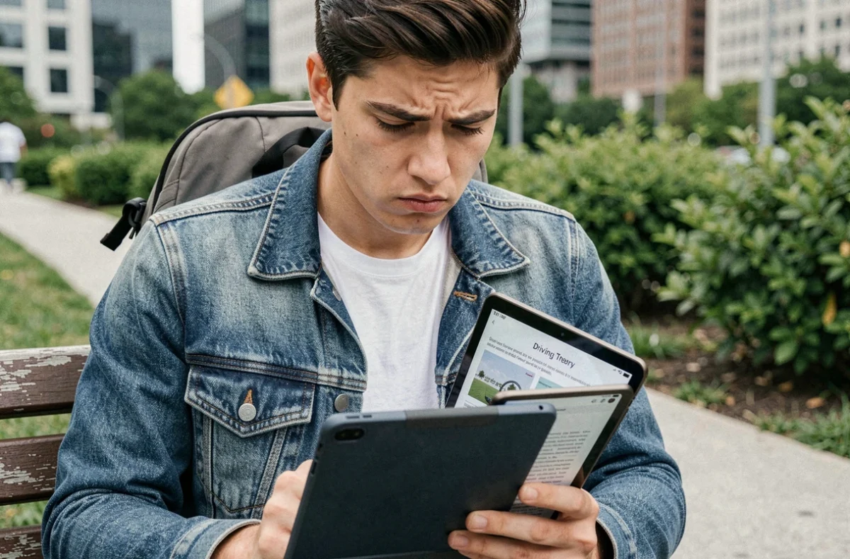 Jeune homme stressé révisant le code de la route sur une tablette dans un parc urbain avant l'examen