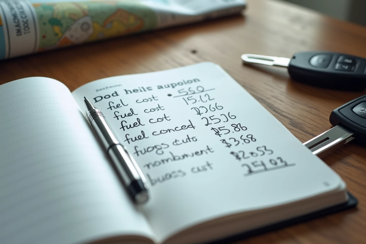 Carnet de calcul manuscrit posé sur un bureau avec des estimations de coût d'essence pour un trajet domicile-travail hebdomadaire