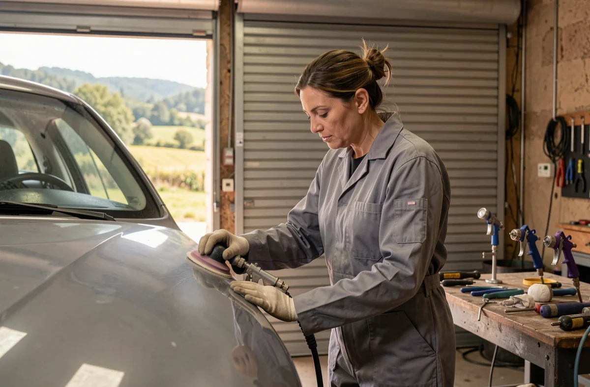 Technicienne en carrosserie travaillant sur un panneau de véhicule dans les locaux de la Carrosserie Remilly SARL à Arnas