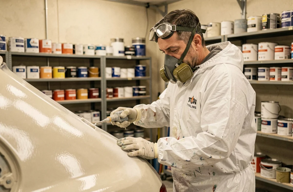 Carrossier artisan examinant la finition de peinture d'un véhicule dans l'atelier de CDA Carrosserie De l'Artisan à Oullins
