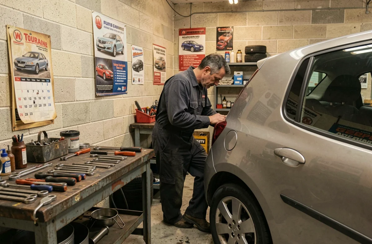 Mécanicien du Centre Auto Matic effectuant une rotation de pneus dans un atelier proche de la Touraine