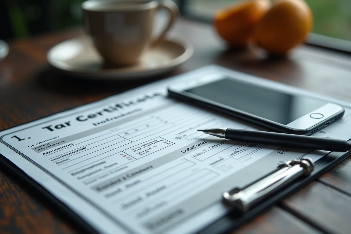 Certificat d'immatriculation français posé sur une table avec un smartphone affichant un calcul de taxe par chevaux fiscaux