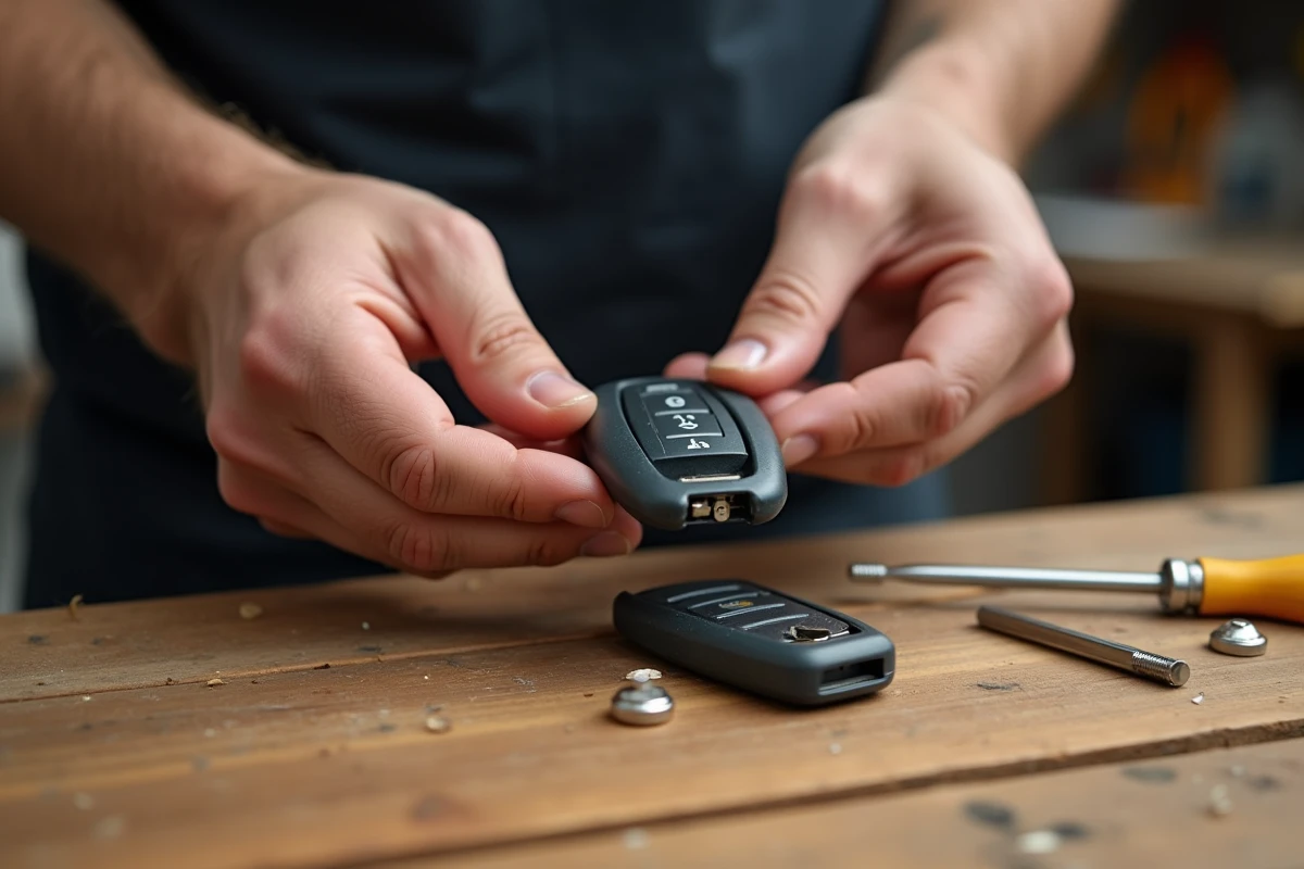 Remplacement de la pile CR2032 dans une clé télécommande Renault Clio 4 ouverte sur un établi