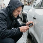 Homme changeant la pile de sa clé Renault Clio 4 sous la pluie dans une rue urbaine