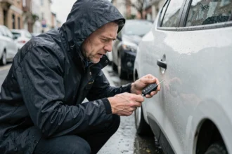 Homme changeant la pile de sa clé Renault Clio 4 sous la pluie dans une rue urbaine