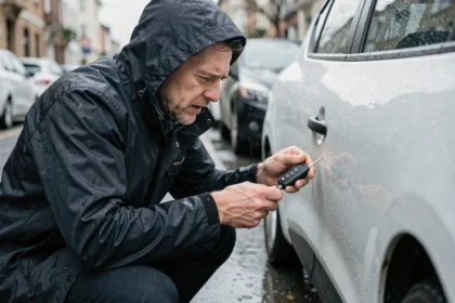 Homme changeant la pile de sa clé Renault Clio 4 sous la pluie dans une rue urbaine