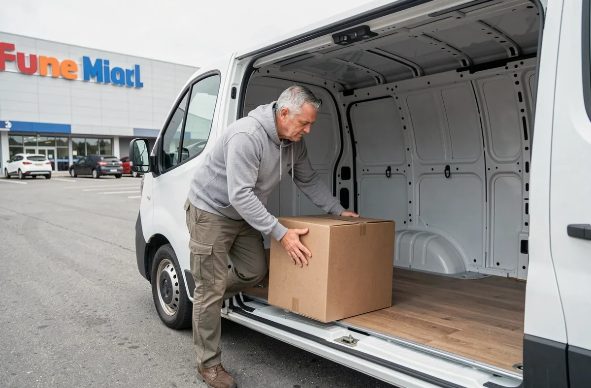 Homme chargeant un carton plat dans le volume utilitaire d'un Renault Trafic L1H1 en stationnement