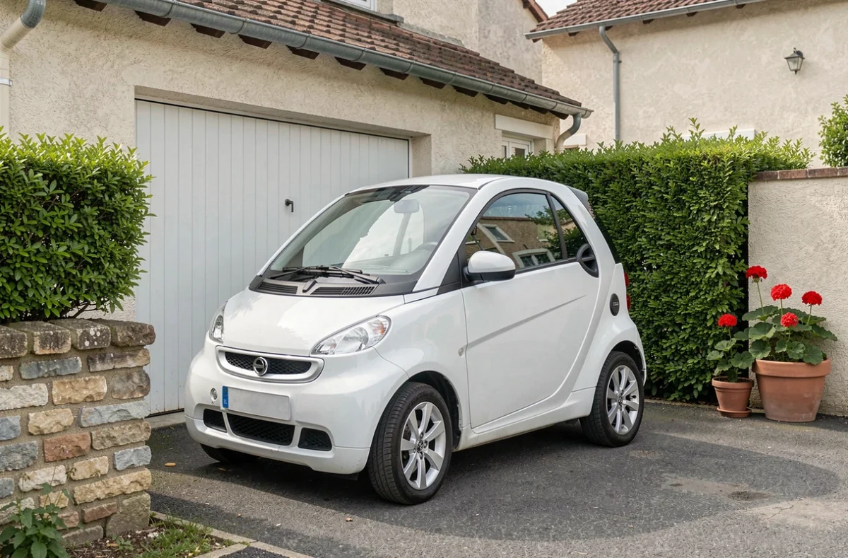 Chatenet 4 places blanche garée dans une allée résidentielle française, vue latérale complète de la voiture sans permis devant une maison de banlieue