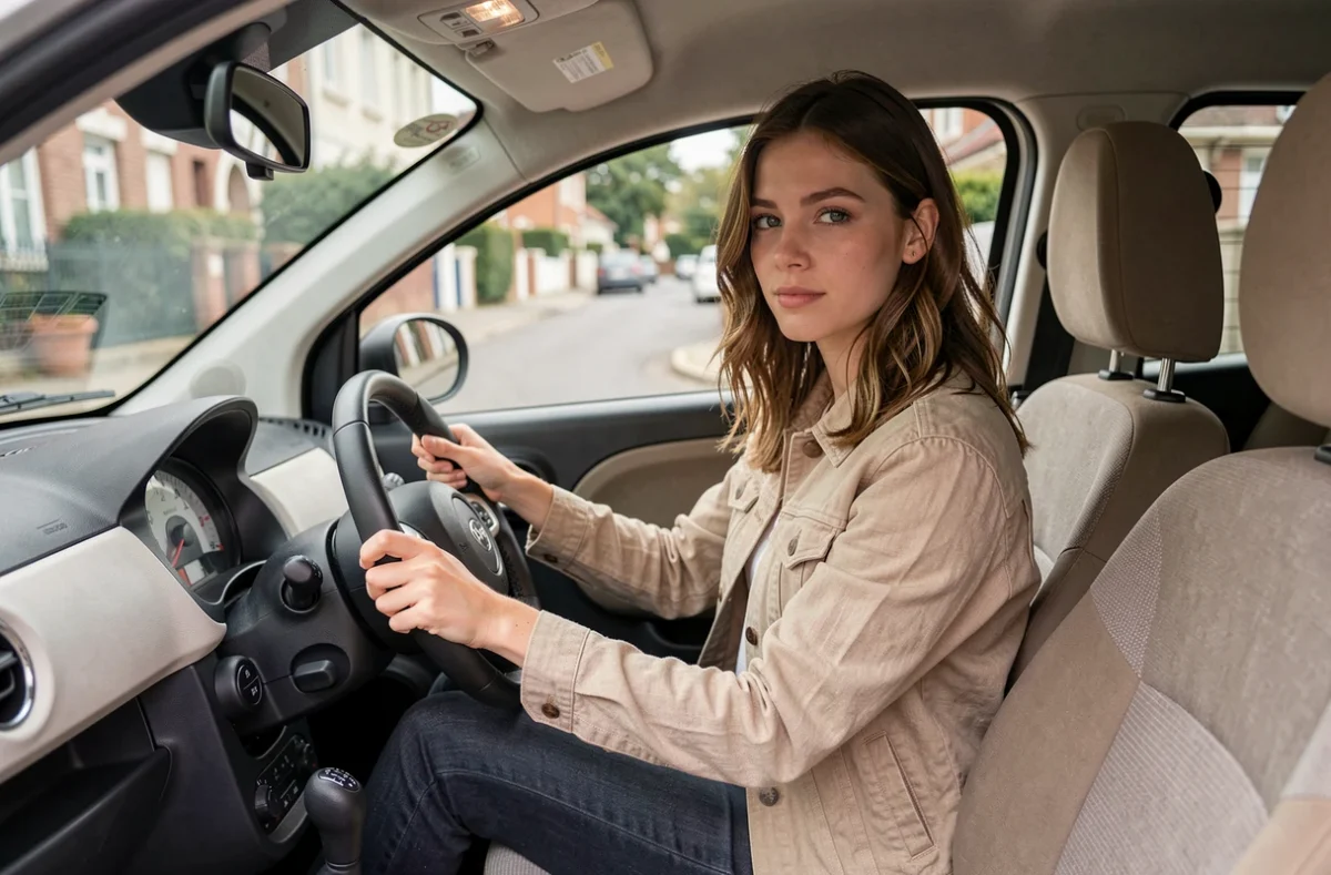 Jeune femme au volant d'une Chatenet 4 places, intérieur de voiture sans permis avec tableau de bord compact et rue française en arrière-plan