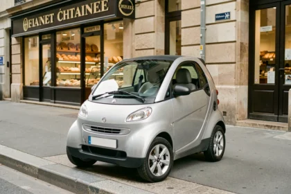 Chatenet 4 places garée devant une boulangerie française, vue trois quarts avant de la microvoiture sans permis en argent métallisé
