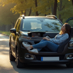 Citroen C3 garée en plein soleil avec passager détendu
