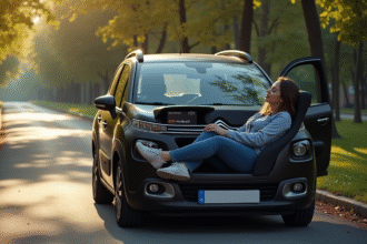 Citroen C3 garée en plein soleil avec passager détendu