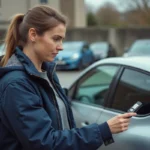 Femme pressant la télécommande de clé Clio 4 sans réponse de la voiture dans un parking urbain