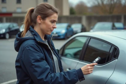 Femme pressant la télécommande de clé Clio 4 sans réponse de la voiture dans un parking urbain