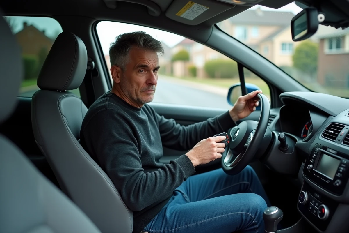 Conducteur tentant de démarrer une Clio 4 avec une clé télécommande défaillante par pile déchargée